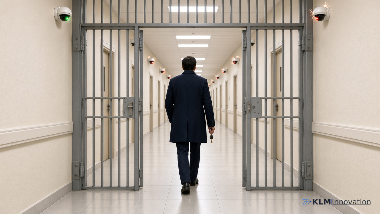 A man walks through an open steel security gate into a long corridor watched by cameras