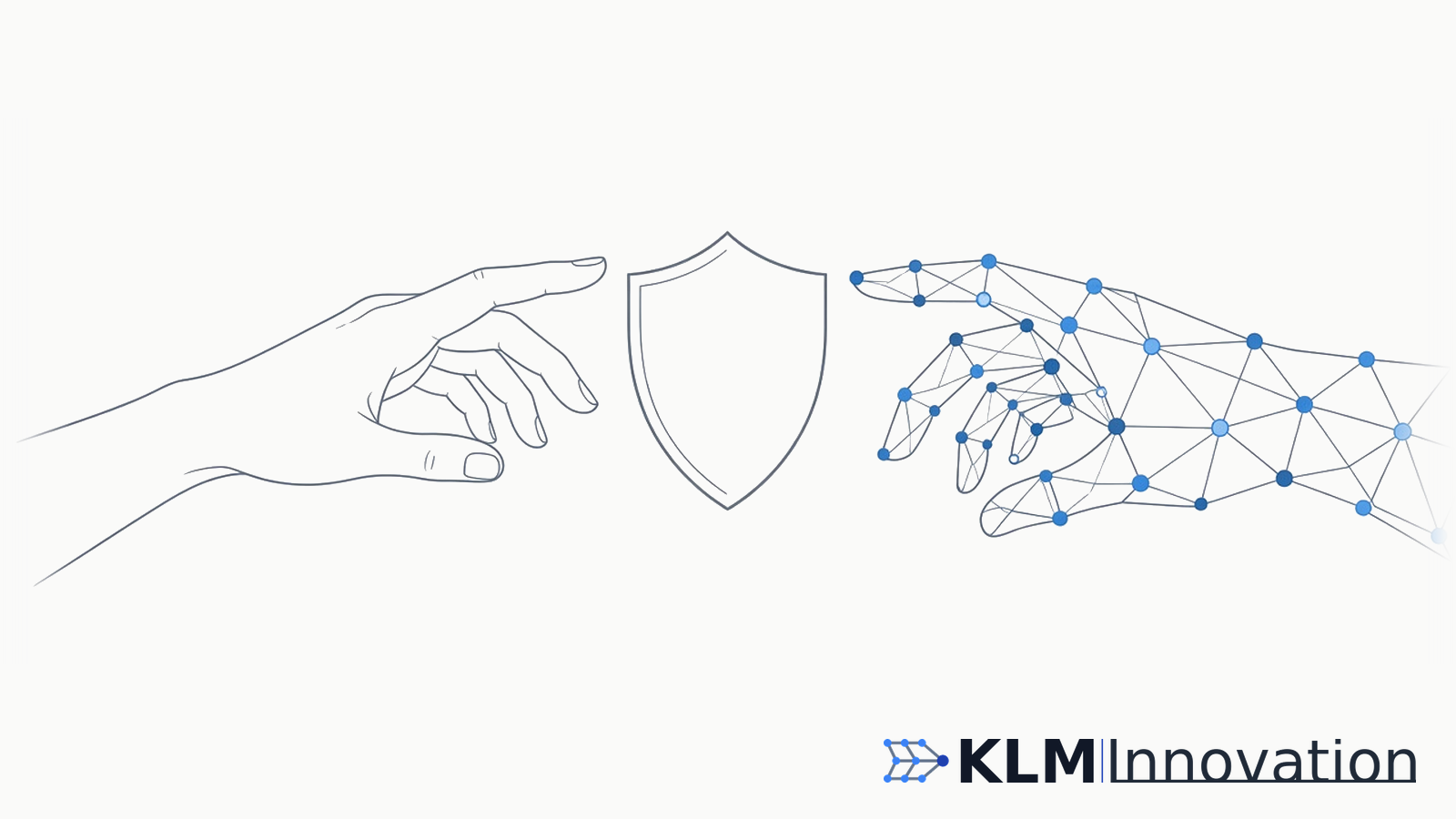 A line-drawn human hand and a blue mesh hand reaching toward a security shield between them