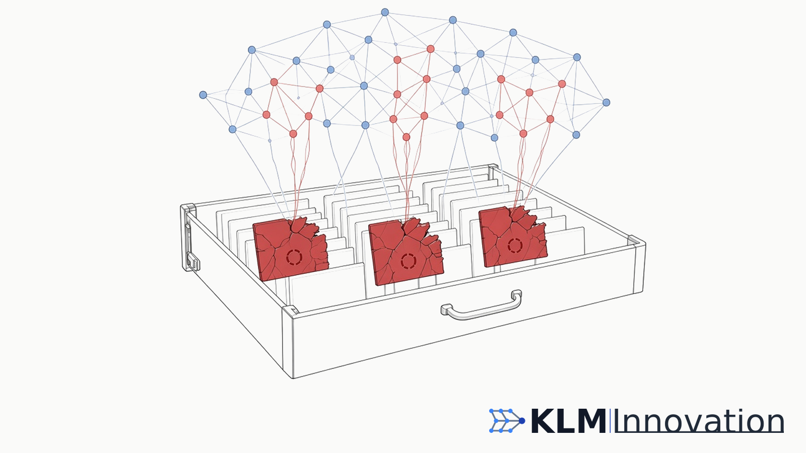 An open memory drawer where three cracked, compromised cards send red threads into an AI agent's network, turning the nodes they touch red.