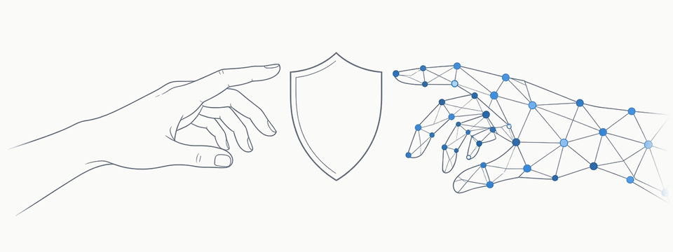 A line-drawn human hand and a blue mesh hand reaching toward a security shield between them